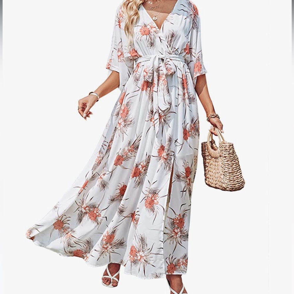 Women’s Kimono Maxi Dress Wrap V Neck 3/4 Sleeve Floral Print Long Dresses XL